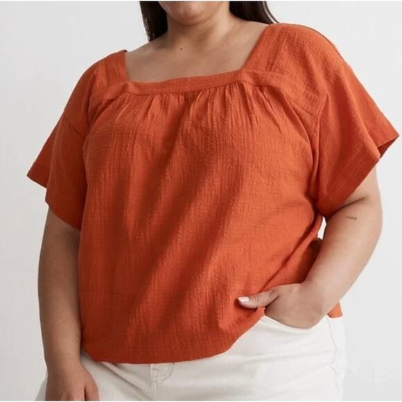 Madewell Square Neck Short Sleeve Popover Top in Roasted Squash Orange Size 1X - Picture 1 of 8